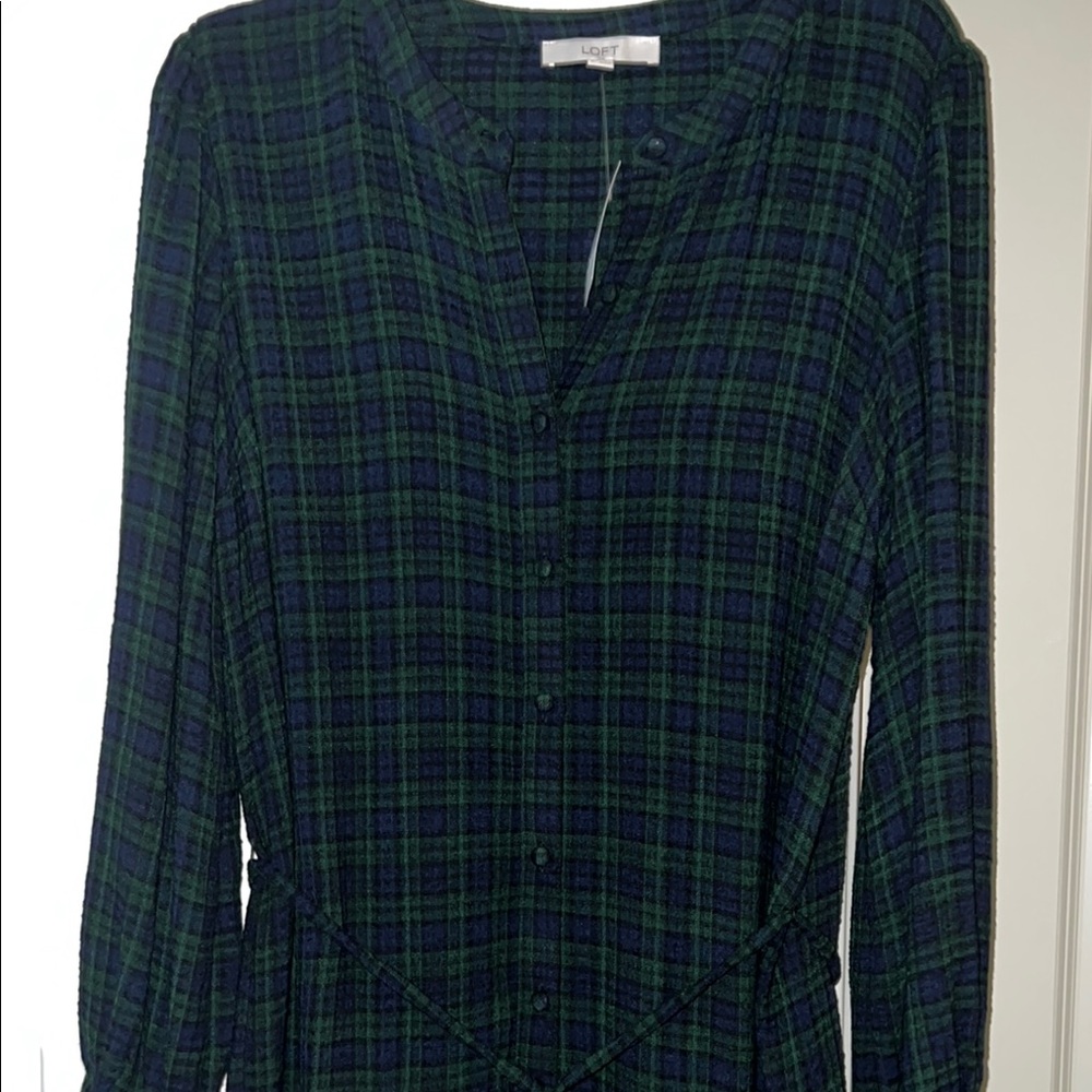LOFT Plaid Long Sleeve Sheath Dress Scoop Neck